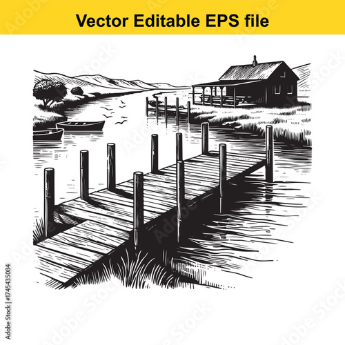 Vector art of rustic wooden pier with a small cabin and boat by a tranquil lake
