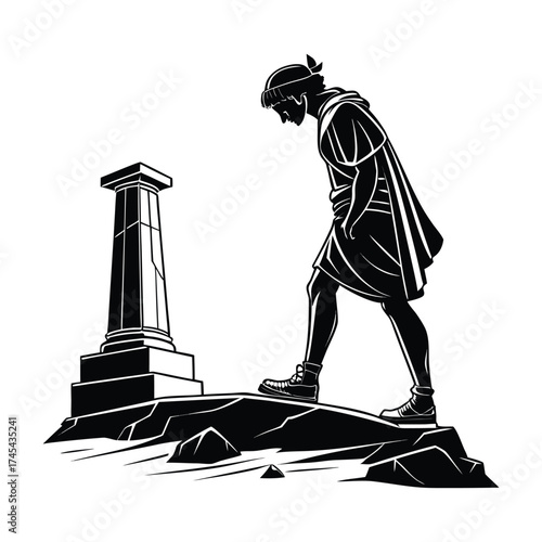 Wanderer Silhouette near Ancient Ruins Illustration in Black and White on White Background