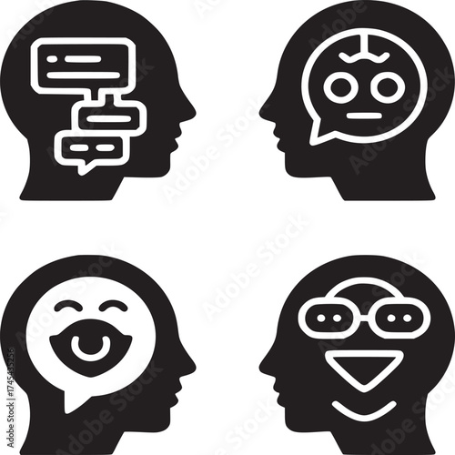 Four head profiles with different icons inside representing thoughts and communication styles shown