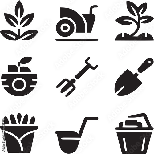 A collection of nine gardening icons featuring plants tools and containers in a black and white theme