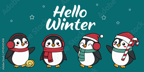 Adorable penguins ready for winter fun with cozy scarves and earmuffs, perfect for greeting cards and winter holiday promotions, originally vector graphics