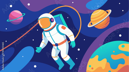 A colorful depiction of an astronaut performing a spacewalk outside a spacecraft set against a backdrop of celestial bodies and the curvature of Earth.