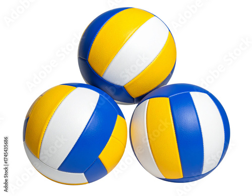 Stack of New Blue, Yellow, and White Volleyballs, Front View, Isolated on Transparent Background 