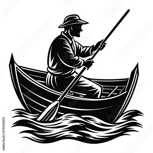 Fisherman Silhouette Rowing Boat on Water Graphic Illustration Vector Design on White Background