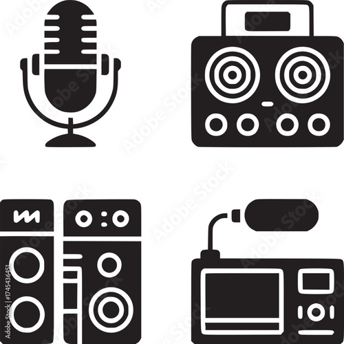 A collection of audio equipment icons including a microphone speakers and recording devices in black