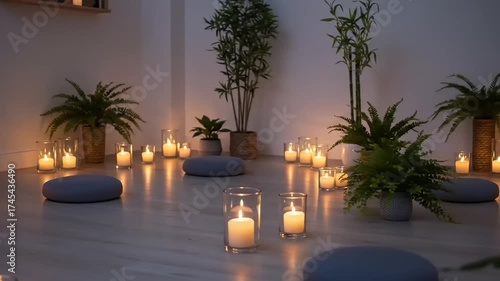Peaceful Candlelit Room Prepared for Group Meditation Session.