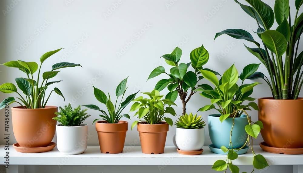 Obraz premium An arrangement of potted plants with different leaves on a shelf against a plain background.