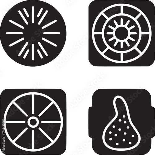 A collection of four black and white icons featuring circular and square shapes with patterns inside