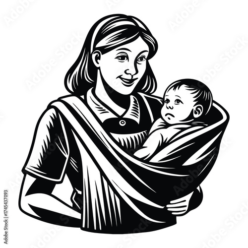 Motherhood Illustration Silhouette of Woman Carrying Baby in Sling on White Background