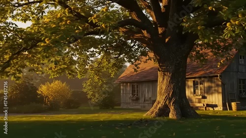 Picturesque scene of a house beneath a large tree in the countryside.