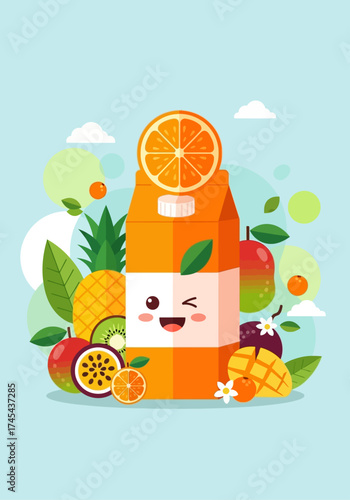 A cheerful winking orange juice carton character surrounded by fresh tropical fruits like pineapple, mango, and passion fruit.