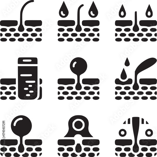 Black and white diagrams illustrating skin and hair follicles with various treatments applied to the skin