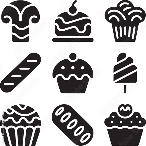 A collection of black and white food icons featuring bread cupcakes and other sweet treats on white