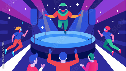 A dynamic sports arena in virtual reality where users jump into the action as players on a digital field surrounded by cheering virtual crowds.