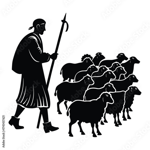 Shepherd and Sheep Silhouette Guiding His Flock Illustration, Agriculture, Farming, Animals on White Background