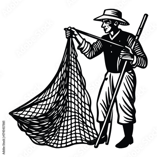 Fisherman Silhouette Holding Fishing Net Illustration Vector Art on White Background