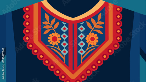 A closeup depiction of intricate embroidery on a blouse highlighting thread textures and colors against a contrasting background for a tactile feel.