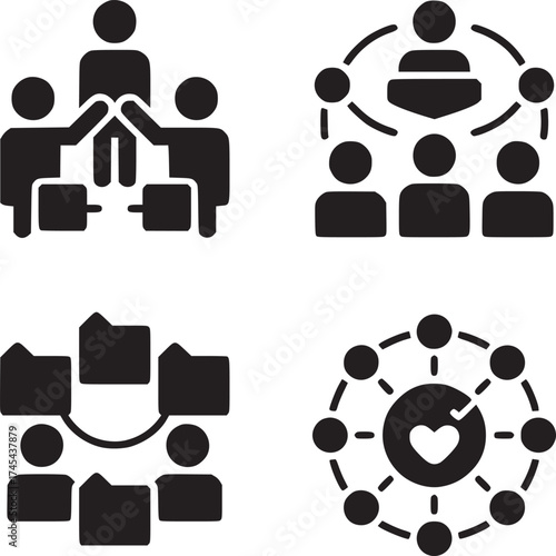 Four black and white icons depicting team collaboration, leadership, and data sharing concepts