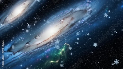 Snowflakes Falling in Cosmic Space with Galaxies and Stars, Winter Wonderland in Universe.