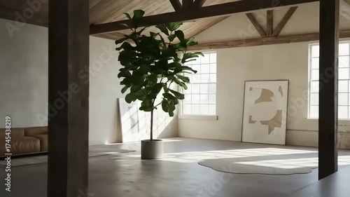 Spacious interior with plants, windows, and a modern sofa, natural light.