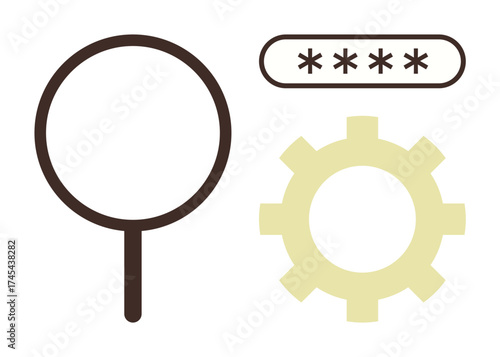 Magnifying glass, gear, and password entry field represent search, security, optimization, and technology. Ideal for SEO, cybersecurity, system settings user interface privacy and data analysis