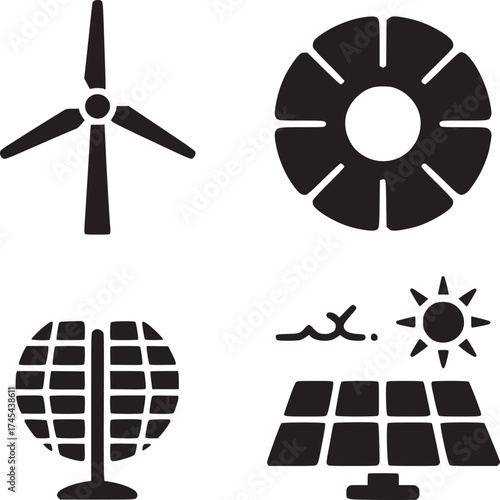 Four black and white icons representing renewable energy sources on a plain white background