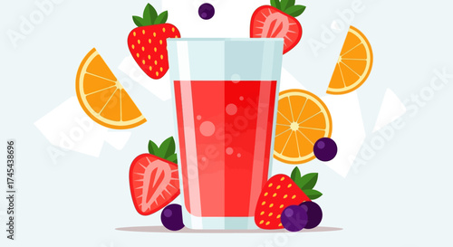 A refreshing glass of fruit juice surrounded by fresh strawberries, oranges, and blueberries.