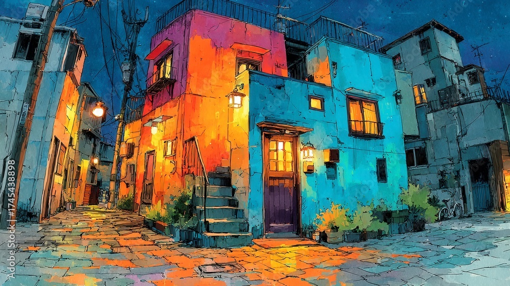 Fototapeta premium Colorful urban architecture, vibrant painted buildings illuminating a lively street at night, inviting atmosphere for exploration.