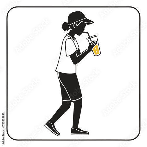 Silhouette of a young person wearing a baseball cap and athletic clothing drinking from a cup with a straw