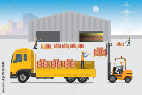 Warehouse workers use forklifts to load bags of cement onto trucks for delivery.