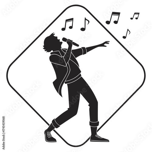 Dynamic silhouette of a male singer performing with a microphone and musical notes floating around him