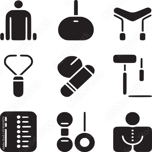 Nine black silhouette icons arranged in a grid pattern on a white background in a vector style