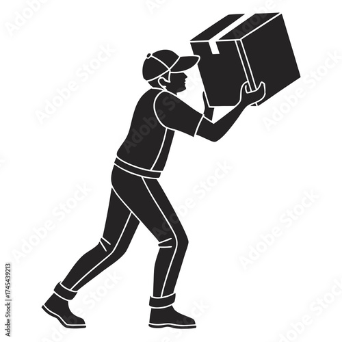 Silhouette of a delivery person wearing a cap pushing a large cardboard box with both hands