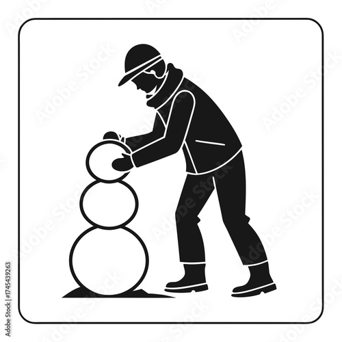 Person wearing winter clothing and a hat building a snowman by stacking snowballs in a winter scene