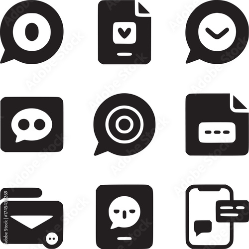 Collection of black communication icons including speech bubbles and document symbols isolated