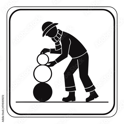 A person wearing a hat and scarf is building a snowman by stacking snowballs in a simple graphic style