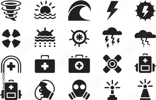 Black and white icons of natural disasters healthcare and emergency response elements
