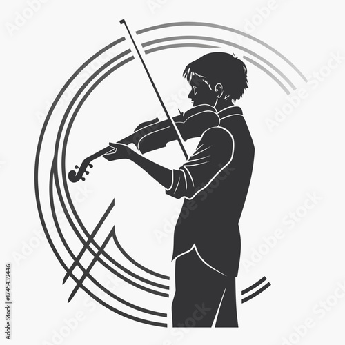 Silhouette of a young male violinist playing music with abstract swirling lines and musical notes in the background