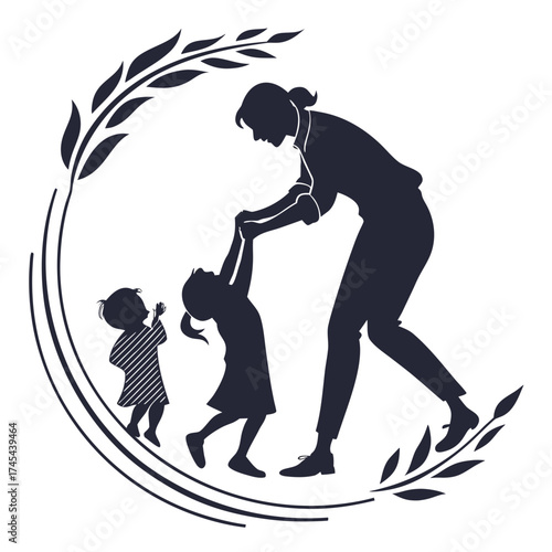 Silhouette of a mother happily dancing with her two children inside a circular laurel wreath border