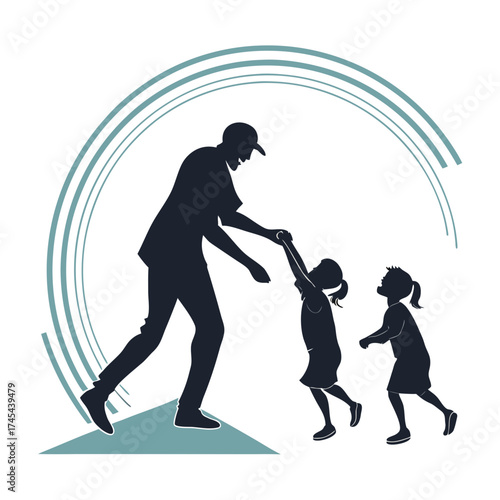 Father and two daughters playing together in a stylized circular arc representing joy and togetherness