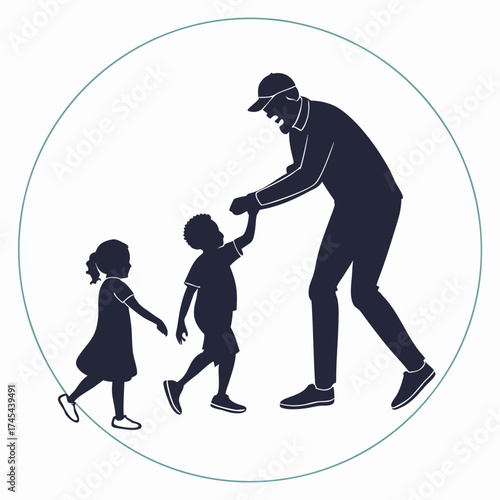 Silhouette of a father figure with a baseball cap holding hands with two children walking in a circle