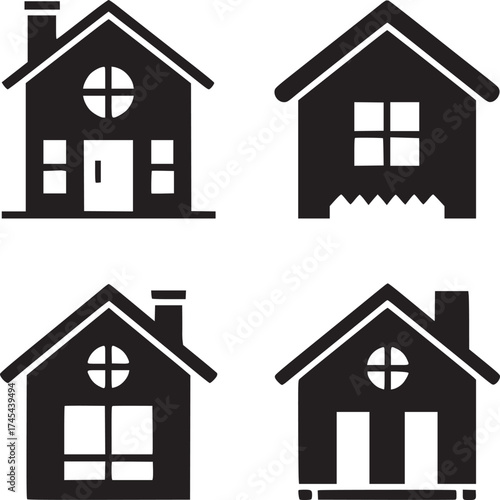 Four black and white house icons with different window and base designs on a white background