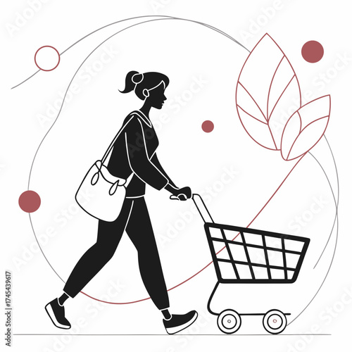Stylized silhouette of a woman pushing a shopping cart with abstract organic shapes and leaves