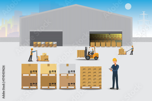Warehouse workers use forklifts to load bags of cement onto trucks for delivery.