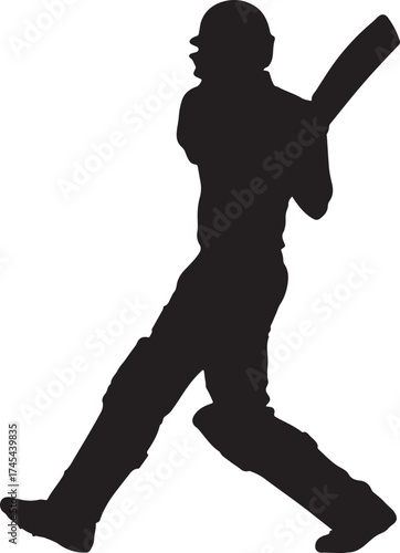 Silhouette of a cricket player swinging a bat and ball.
A black silhouette of a cricket batsman in mid-swing, captured against a white background. The player is wearing protective gear.
