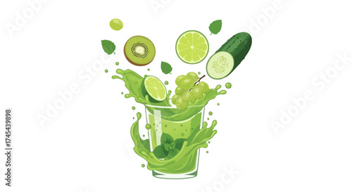 Illustration of a refreshing green smoothie with various fruits and vegetables splashing out of a glass.