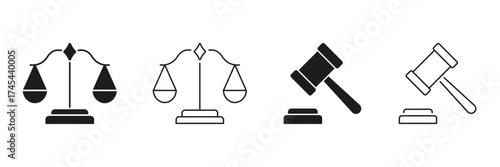 Scales Of Justice And Gavel Line And Solid Icon Set. Legal System, Law, And Justice Symbol Collection. Courtroom And Judicial Process. Isolated Vector Illustration