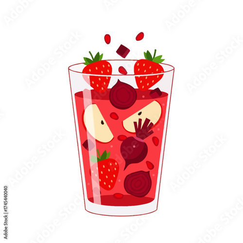 A tall glass filled with a vibrant red beverage containing fresh strawberries, sliced apples, and chunks of beetroot.