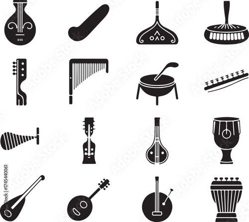Black and white silhouettes of various musical instruments for music and arts design