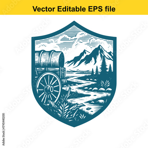 Vector art of covered wagon in shield frame with landscape